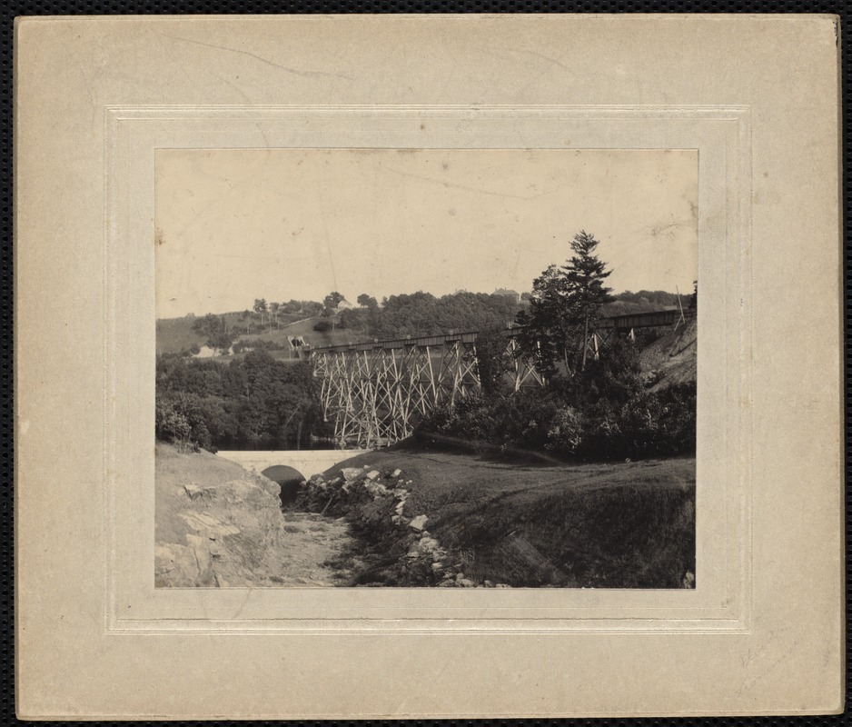 Wachusett Dam, viaduct and highway bridge, looking down waste channel, Clinton, Mass., 1905