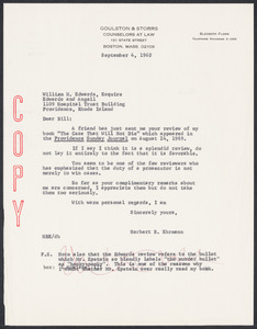 Herbert Brutus Ehrmann Papers, 1906-1970. Sacco-Vanzetti. Reviews, 1969. Box 9, Folder 3, Harvard Law School Library, Historical & Special Collections