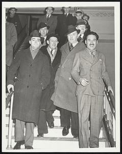 Aviators to Appear Before Grand Jury New York Jan. 14 - Bert Acosta and Gordon Berry, ace American aviators who fought for Spanish government in the Civil War, were served with subpoenas to appear before the Federal Grand Jury when they returned today abroad the S.S. Paris. L to R; United States Attorney Gregory Noonan Major Gordon Berry, Lewis Landis, Attorney for Acosta and Acosta