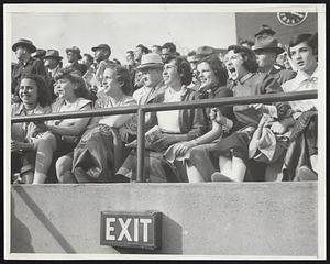 Before The Roof Fell In on the Red Sox yesterday, these front row bleacherites enjoy watching Ted Williams and Co., rolling up the score against the Yankees. The photographer didn’t have the heart to go back and take another picture of them after the Sox collapsed.