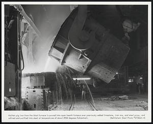 Molten pig iron from the blast furnace is poured into open hearth furnace over previously added limestone, iron ore, and steel scrap, and refined and purified into steel at temperatures of about 2900 degrees Fahrenheit.