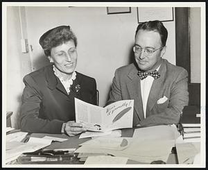 Volunteers for Red Feather. Among the hundreds of volunteer leaders presently giving hours to planning for this annual gigantic appeal, in the name of 300 local health and welfare services, are (left to right) Mrs. Alan R. Morse of Brookline and Karl Adams, Jr. of Cambridge. Co-chairman of United Red Feather Campaign Speakers' Bureau, they are this week holding indoctrination sessions for 125 speakers. Drive opens October 25.