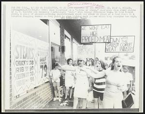 Once described as a "nation of sheep," Americans from every strata of U. S. society are becoming increasingly 'vocal' when things displease them. In this recent photo, a group of placard-carrying demonstrators chant and shout in front of a food store in a suburban shopping center as they point to sign listing meat prices which they consider too high.