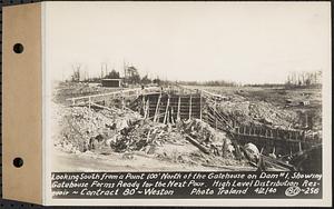 Contract No. 80, High Level Distribution Reservoir, Weston, looking south from a point 100 feet north of the gatehouse on dam 1, showing gatehouse forms ready for the next pour, high level distribution reservoir, Weston, Mass., Apr. 2, 1940