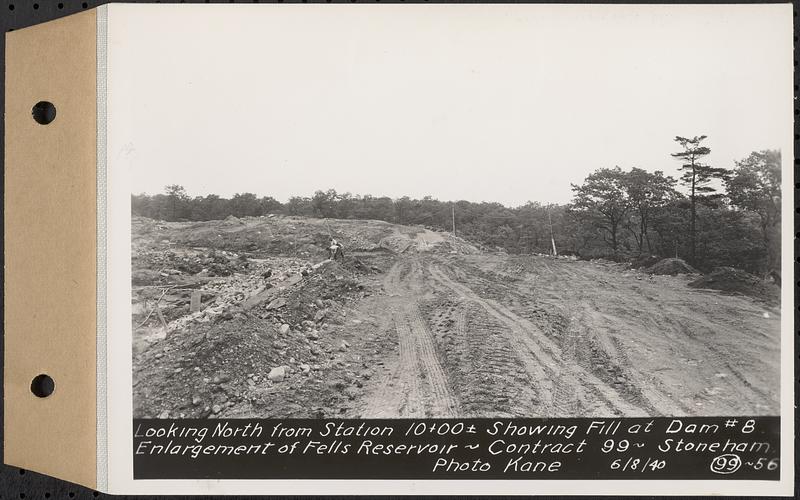 Contract No. 99, Enlargement of Fells High Level Distribution Reservoir, Stoneham, Malden, Melrose, looking north from Sta. 10+00+/- showing fill at dam 8, enlargement of Fells Reservoir, Stoneham, Mass., Jun. 8, 1940