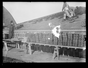 Distribution Department, Southern Extra High Service Bellevue Reservoir, laying tile roof, West Roxbury, Mass., Mar. 1, 1916