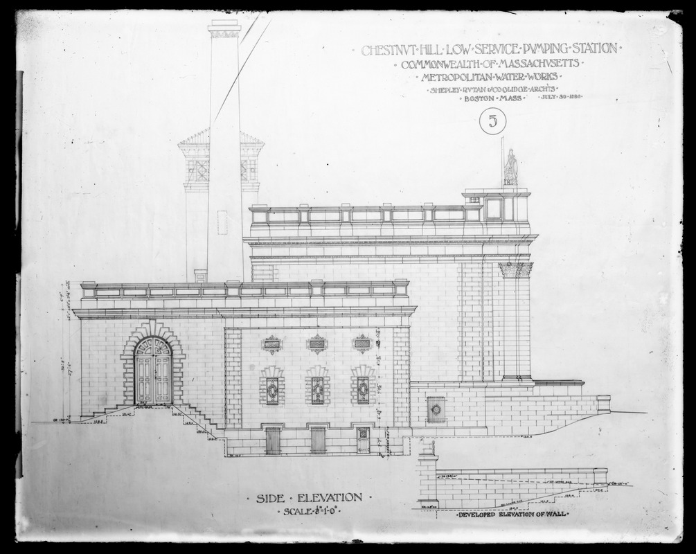 Engineering Plans, Chestnut Hill Low Service Pumping Station, plan, sheet 5, side elevation, Brighton, Mass., Jul. 30, 1898