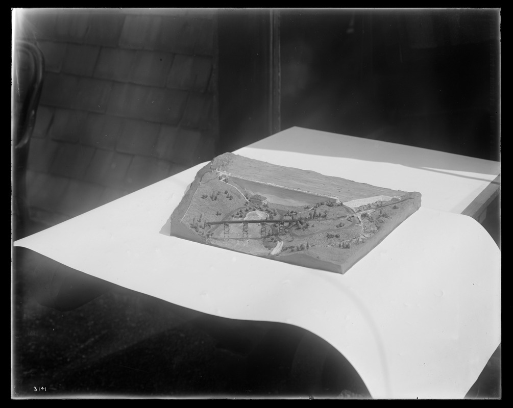 Wachusett Department, model of Wachusett Dam, made by Mary Frances Connolly (1903-1984), Water Division, Metropolitan District Commission, Clinton, Mass., 1930