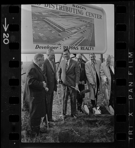 Ground is broken for Sears Roebuck Distribution Center - from left, Judge John G. Pappas, Mayor Collins, Gov. Peabody, Sears president Crowdus Baker, J.R. Sawers, general manager of Sears Boston store and William J. Kirk of the New Haven Railroad