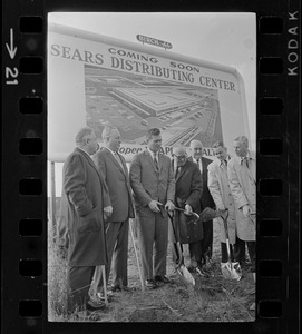 Ground is broken for Sears Roebuck Distribution Center - from left, Judge John G. Pappas, Mayor Collins, Gov. Peabody, Sears president Crowdus Baker, J.R. Sawers, general manager of Sears Boston store and William J. Kirk of the New Haven Railroad