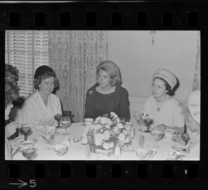 Joan Kennedy, center, and Lady Bird Johnson, right, most likely at a luncheon for Democratic women at the Ritz Carlton