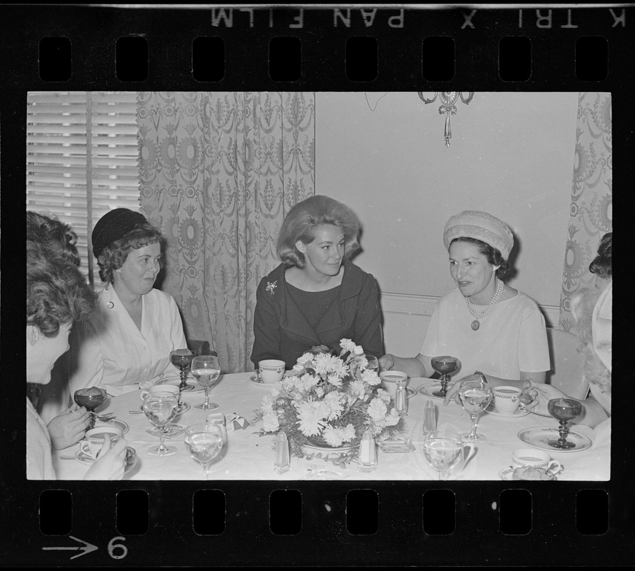 Joan Kennedy, center, and Lady Bird Johnson, right, most likely at a luncheon for Democratic women at the Ritz Carlton