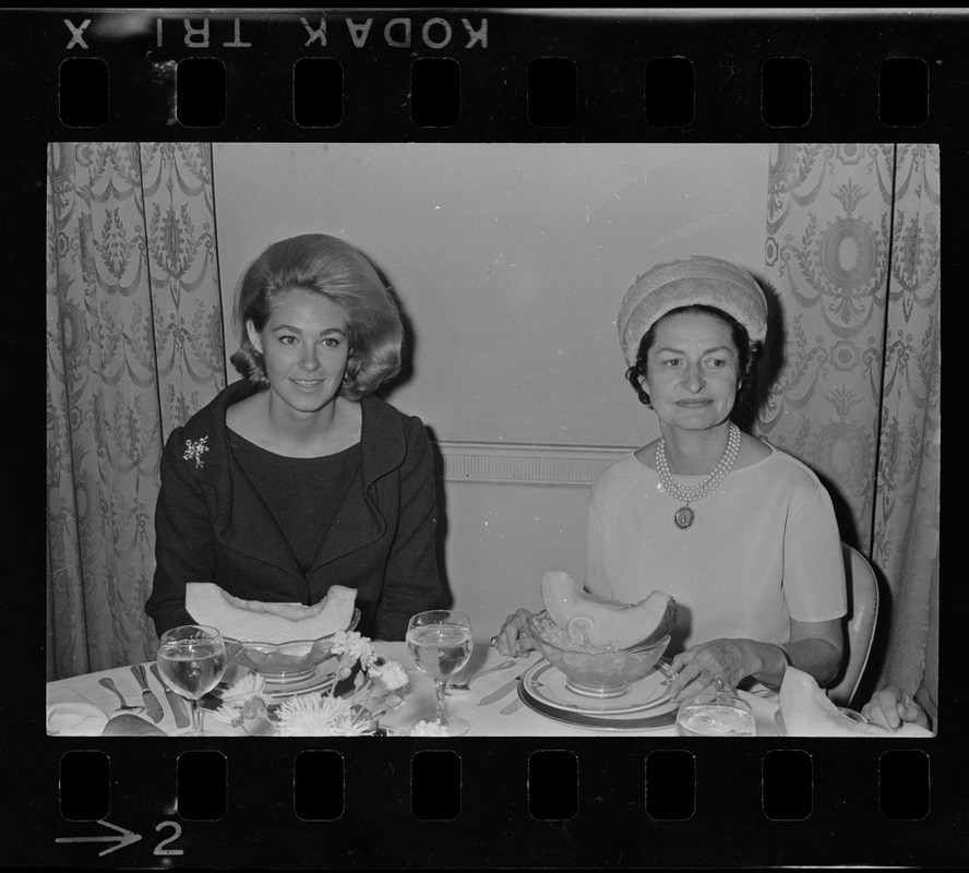 Joan Kennedy left, and Lady Bird Johnson, right, most likely at a luncheon for Democratic women at the Ritz Carlton