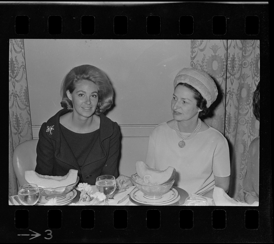 Joan Kennedy left, and Lady Bird Johnson, right, most likely at a luncheon for Democratic women at the Ritz Carlton