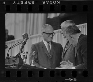 Senators Barry Goldwater and Leverett Saltonstall seen at podium at Bay State GOP fundraiser