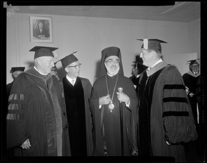 Honors - Judge John E. Fenton, president of Suffolk University confers Honorary Degrees on Gov. John W. King of New Hampshire and Archbishop Iakovos, primate of the Greek Orthodox Church of North and South America as George C. Seybolt, Chairman of Trustees looks on