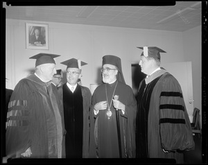 Honors - Judge John E. Fenton, president of Suffolk University confers Honorary Degrees on Gov. John W. King of New Hampshire and Archbishop Iakovos, primate of the Greek Orthodox Church of North and South America as George C. Seybolt, Chairman of Trustees looks on