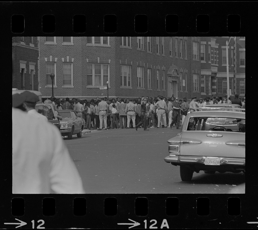Crowd gathered along Washington Street, Dorchester, near Jeremiah E. Burke High School, after unrest erupted after Black student rally