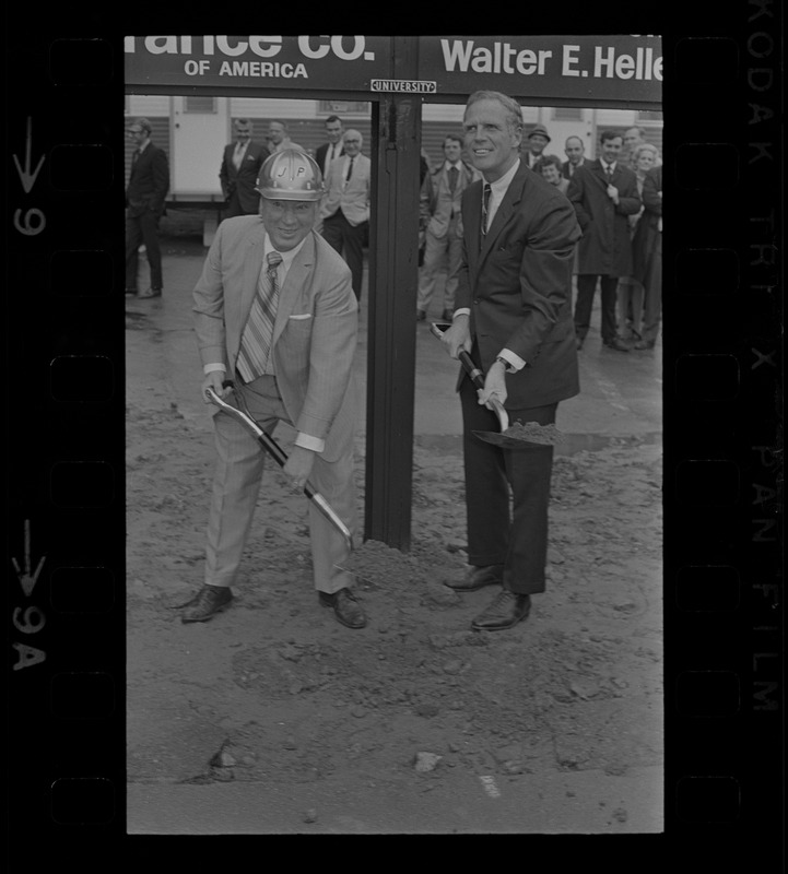 Groundbreaking - John Philopoulos and Mayor Kevin White break ground at the corner of Stuart and Carver Streets Boston where Philopoulos Associates will construct the "57 Building" housing a motel, two theaters, a 1000 car parking garage and restaurant