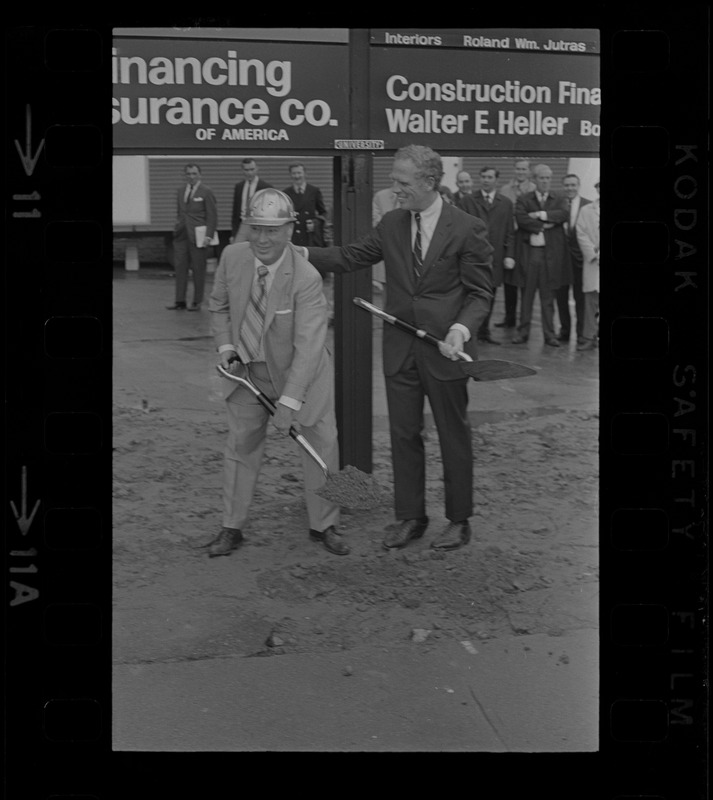 Groundbreaking - John Philopoulos and Mayor Kevin White break ground at the corner of Stuart and Carver Streets Boston where Philopoulos Associates will construct the "57 Building" housing a motel, two theaters, a 1000 car parking garage and restaurant