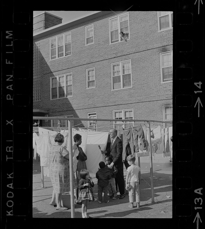 Kevin White circulates among the voters during campaign trip through the D St. Housing Project in South Boston