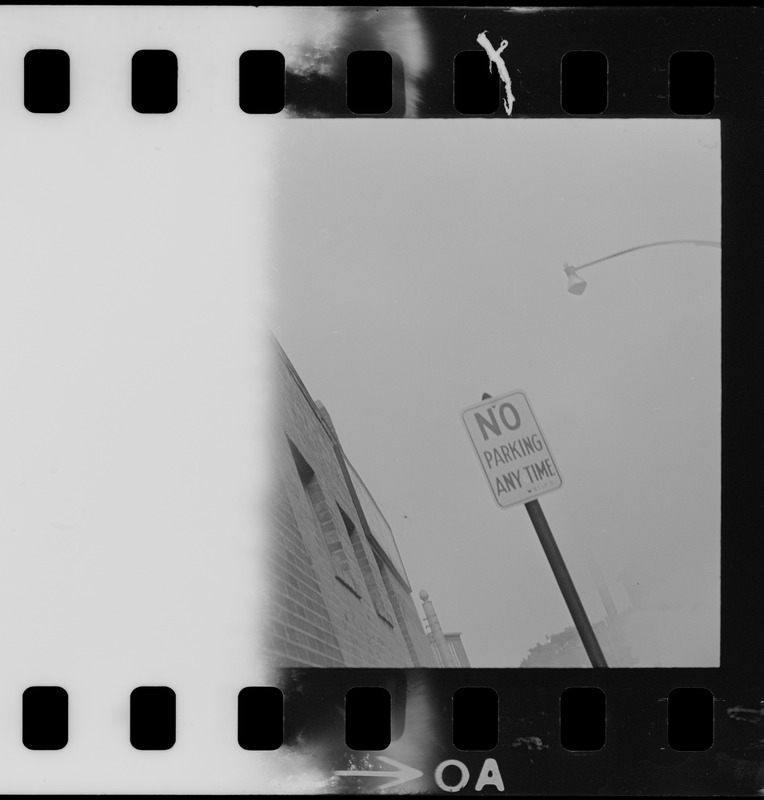 "No Parking Any Time" sign, possibly in Roxbury during time of student demonstrations