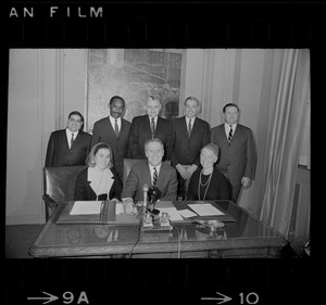 Mayor White and his appointees in his office - seated, Joanne Prevost, Mayor White and Mrs. Barbara Cameron; standing, Ivan Gonzalez, Irving Hemenway, Francis Gens, Daniel Finn and John Mulhern