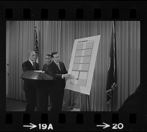 An unidentified man points out in a diagram the cause of the Hotel Vendome collapse while Mayor White and another man look on