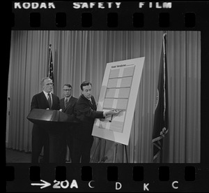 An unidentified man points out in a diagram the cause of the Hotel Vendome collapse while Mayor White and another man look on