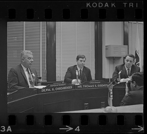 Boston School Committee members, Superintendent Dr. Wm. H. Ohrenberger, far left, and Chairman Mr. Thomas S. Eisenstadt, center