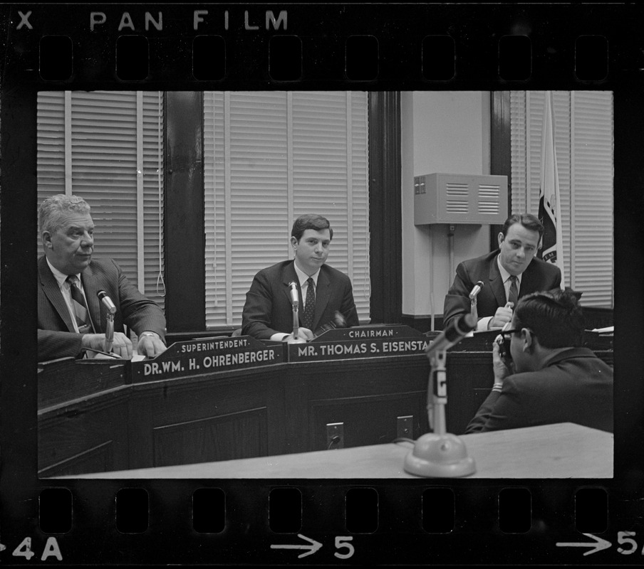 Boston School Committee members, Superintendent Dr. Wm. H. Ohrenberger, far left, and Chairman Mr. Thomas S. Eisenstadt, center