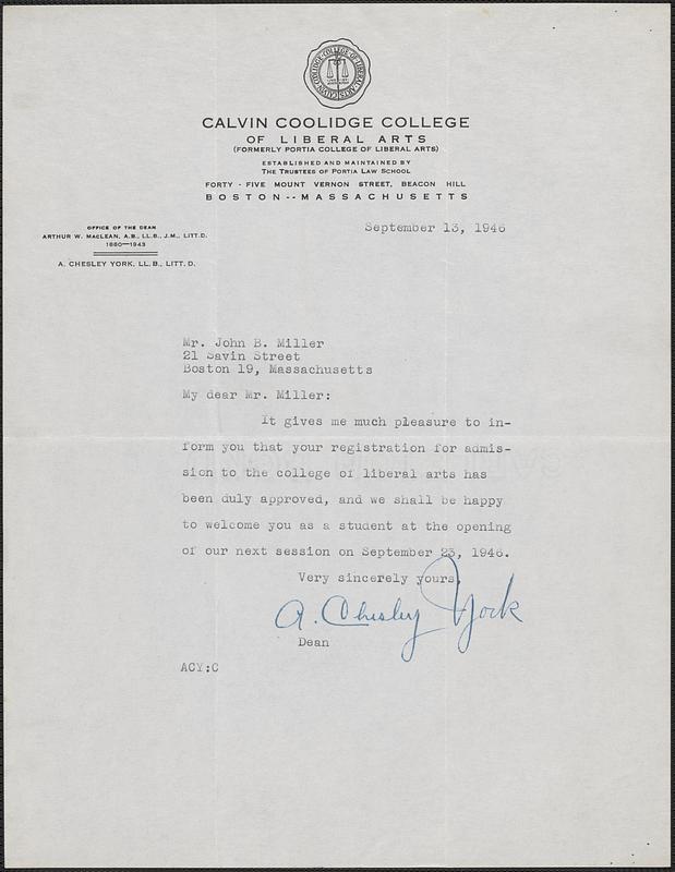 Letter from Amos Chesley York, Boston, to Jack Miller, Boston, 1946 September 13