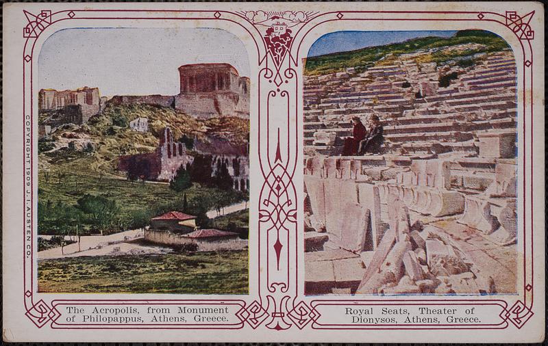 The Acropolis, from Monument of Philopappus, Athens, Greece. Royal seats, Theater of Dionysos, Athens, Greece