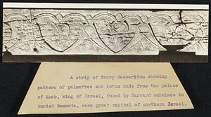 A strip of ivory decoarting showing pattern of palmettes abd lotus buds from the palace of Ahab, king of Israel, found by Harvard scholars in buried Samaria, once great capital of northern Israel.