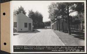 Contract No. 130, Grading, Loaming, and Grassing Vicinity of Shaft 4, Pressure Aqueduct, Southborough, and Improvement of Access Roads to the Intake Works and at Norumbega Reservoir, Marlborough, Southborough, Weston, looking southerly showing rebuilt MDC access road at Station 10+50, Terminal Chamber, Marlborough, Mass., May 16, 1941