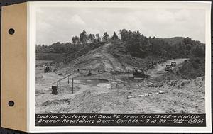 Contract No. 66, Regulating Dams, Middle Branch (New Salem), and East Branch of the Swift River, Hardwick and Petersham (formerly Dana), looking easterly at dam 2 from Sta. 53+25, middle branch regulating dam, Hardwick, Mass., Jul. 10, 1939