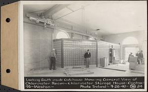 Contract No. 96, Chlorine Storage House and Equipment and Chlorinating Equipment for Gate House at Norumbega Reservoir, Weston, looking south inside gatehouse showing general view of chlorinator room, chlorinator storage house, Weston, Mass., Sep. 26, 1940