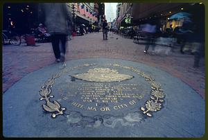 Boston circa 1989: "Builders of the new Boston" plaque on the pavement of the city's Downtown Crossing area