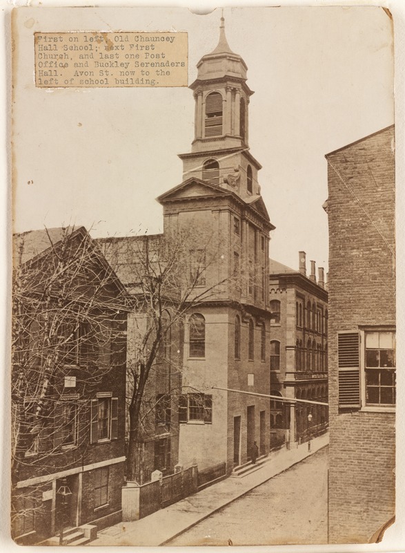 First on left, Old Chauncey Hall School, next First Church, and last