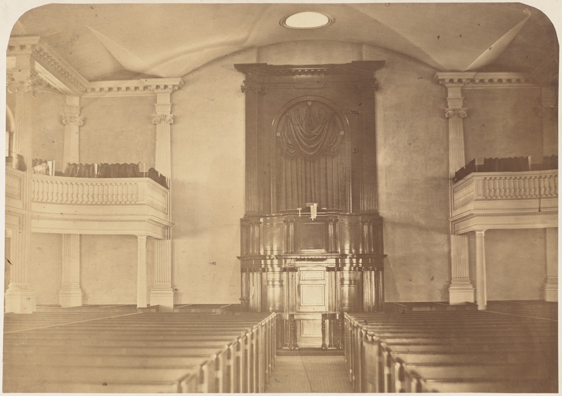 Interior view, New South Church, Church Green, Bedford and Summer Streets. Church rebuilt 1814 Charles Bulfinch [architect], church razed 1868