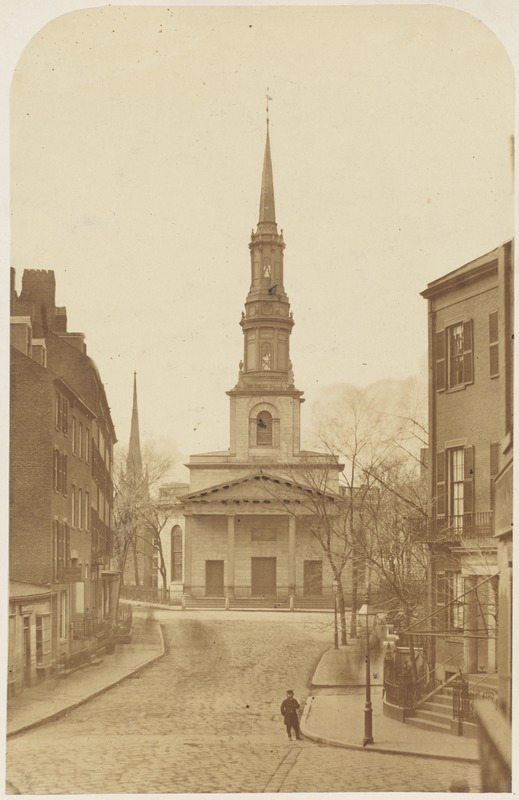 New South Church, Church Green, Bedford and Summer Streets. Church rebuilt 1814 Charles Bulfinch [architect], church razed 1868