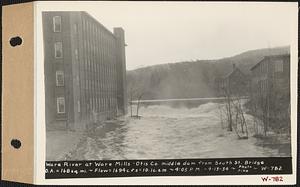 Ware River at Ware Mills Otis Co. middle dam from South Street bridge, drainage area = 168 square miles, flow = 1694 cubic feet per second = 10.1 cubic feet per second per square mile, Ware, Mass., 4:05 PM, Apr. 13, 1934