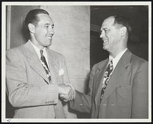 Two of Baseball's Greatest Meet--Cleveland fireballer Bob Feller (left) who was to face the Red Sox at Fenway Park and George Sisler get together before today's While Feller is here with the Indians, Sisler is visiting the local scene on a scouting for the Brooklyn Dodgers.