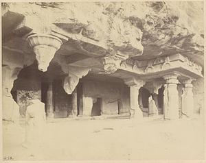General view from the left of porch and entrance to Buddhist Vihara, Cave VII, Ajanta