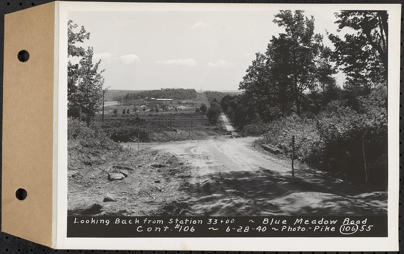 Contract No. 106, Improvement of Access Roads, Middle and East Branch Regulating Dams, and Quabbin Reservoir Area, Hardwick, Petersham, New Salem, Belchertown, looking back from Sta. 33+00, Blue Meadow Road, Belchertown, Mass., Jun. 28, 1940