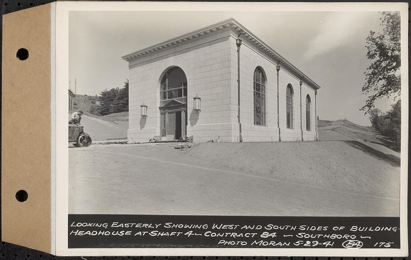 Contract No. 84, Superstructure (Head House) , Shaft 4 of Southborough Tunnel, Pressure Aqueduct, Section 2, Southborough, looking easterly showing west and south sides of building, headhouse at Shaft 4, Southborough, Mass., May 29, 1941