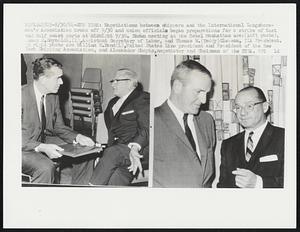 New York: Negotiations between shippers and the International Longshoremen's Association broke off 9/30 and union officials began preparations for a strike of East and Gulf coast ports at midnight 9/30. Shown meeting at the Hotel Manhattan are: (left photo), James J. Reynolds, (L). Assistant Secretary of Labor, and Thomas W. (Teddy) Gleason,. Ila President. In right photo are William B. Rand (L), United States Line president and President of the New York Shipping Association, and Alexander Chopin, negotiator and Chairman of the NYSA.