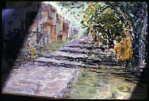 Painting of a sidewalk with houses on the left and trees on the right signed by Anne Caputo Repucci