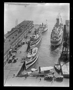 Pleasure fishing boats - old T-Wharf. Excursion steamers: Dorothy Bradford on right, Newcastle left front, Nahant rear left? King Philip - left middle