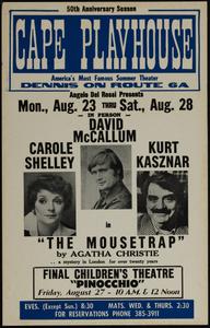 Angelo Del Rossi presents Mon., Aug. 23 thru Sat., Aug. 28 in person David McCallum, Carole Shelley, Kurt Kasznar in "The Mousetrap" by Agatha Christie